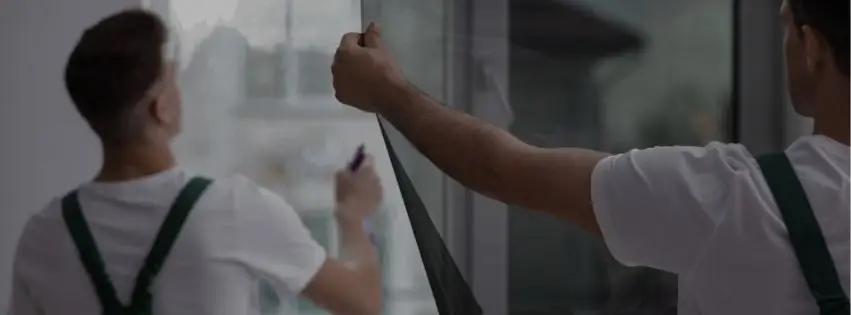 Hands smoothing privacy window film onto a pane of glass